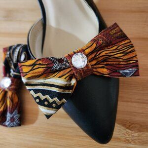 Hand Crafted Shoe Clips Ankara African Print Cotton Fabric Black Burgundy Gold